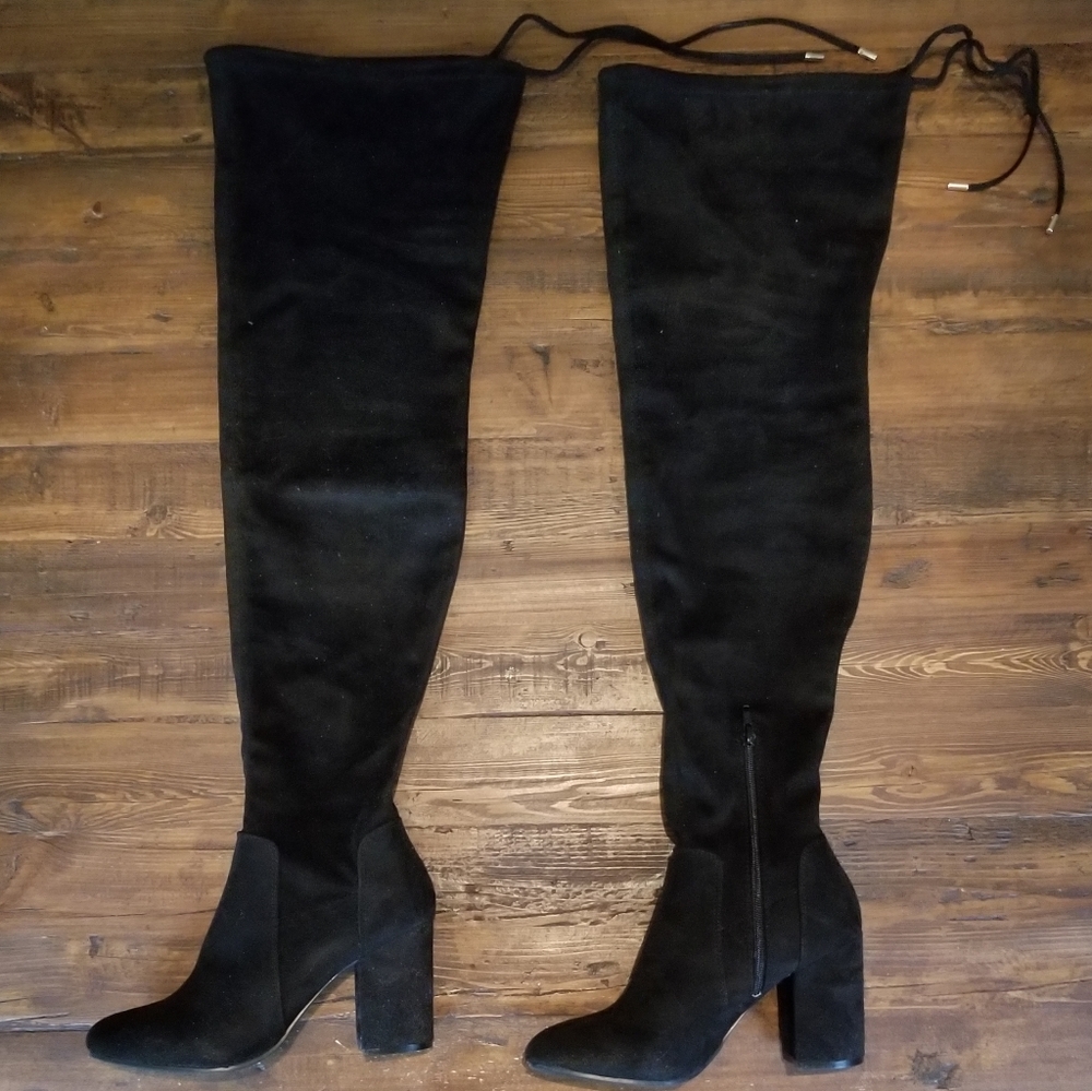Crushed velvet over the knee tie boots